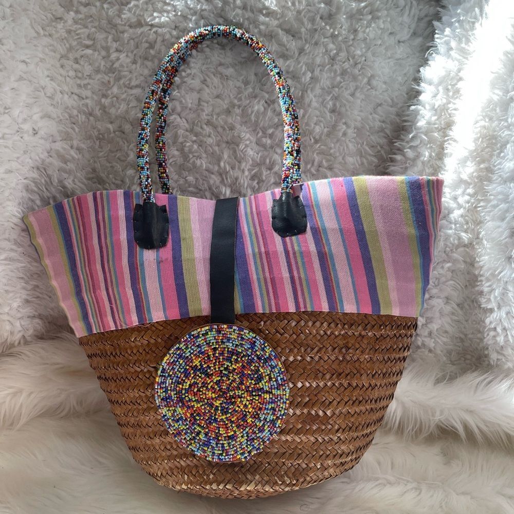 Beaded woven straw  medium tote bag with colorful beads accents and fabric .
